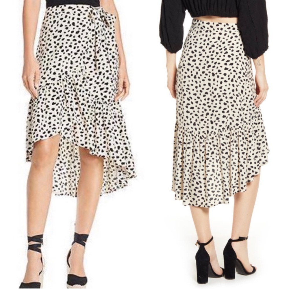 AQUA Spotted Ruffled Wrap Midi Skirt